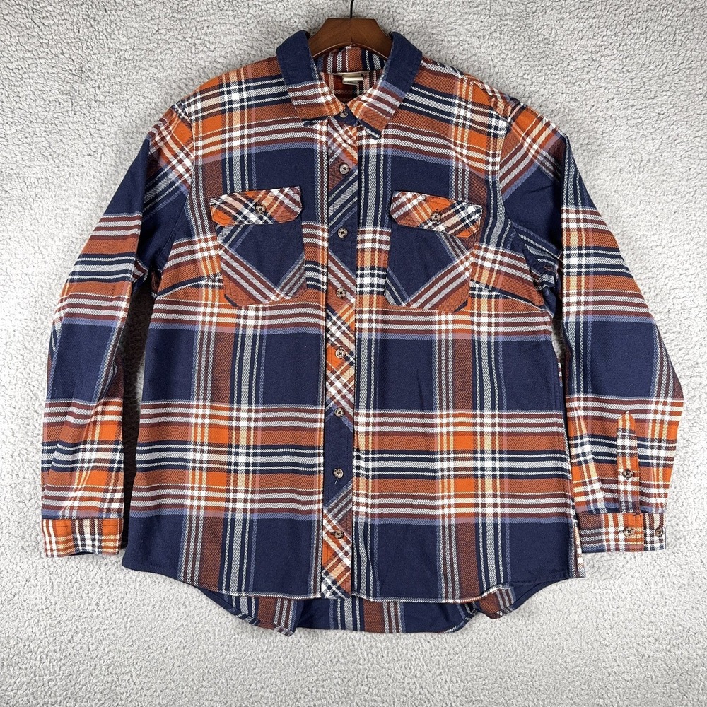 Duluth Trading Womens XL Oversized Plaid Flannel Button Up Shirt Orange Navy